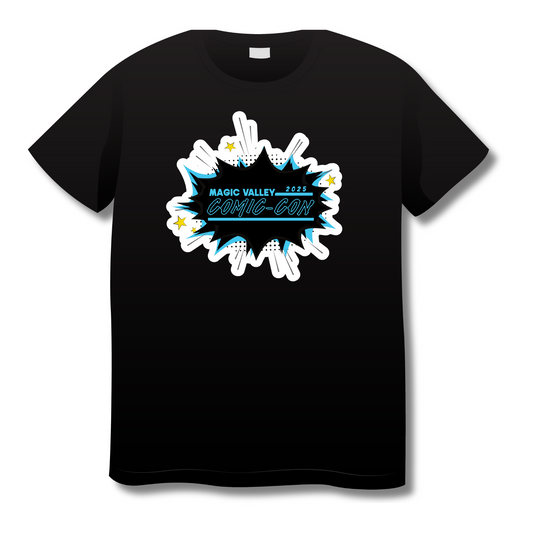 Black t-shirt with 'Magic Valley Comic Con' graphic design on a white background