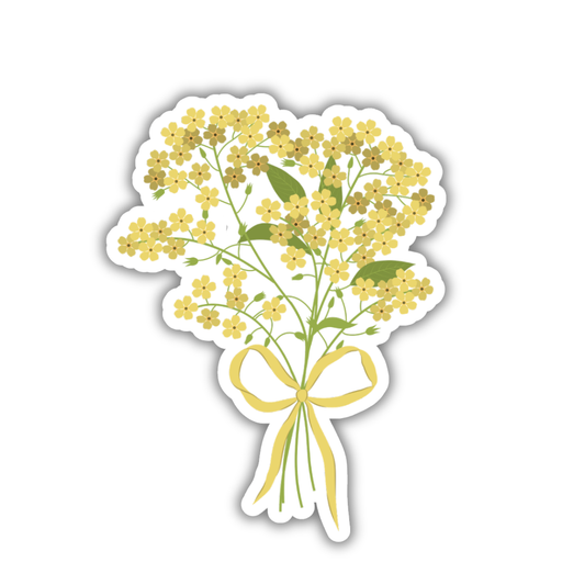 Sticker of a bouquet of yellow flowers with a bow on a white background